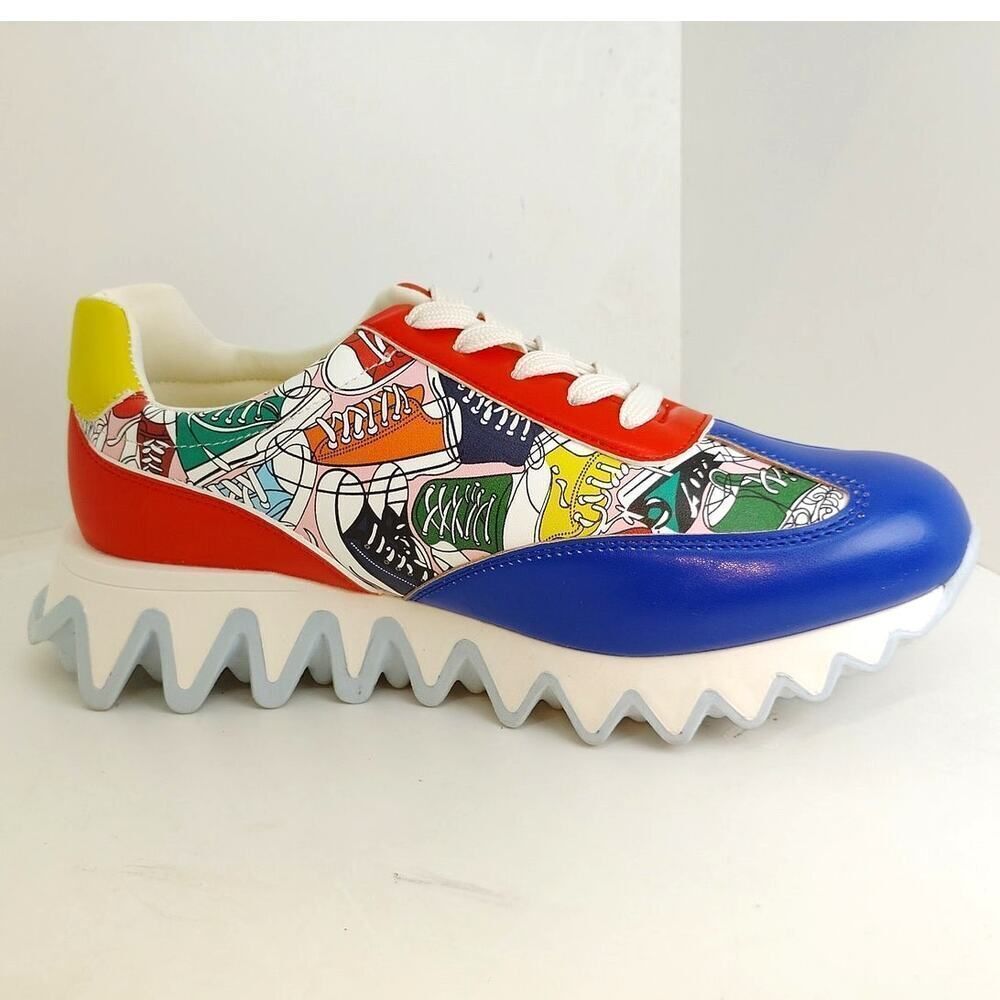 Women's Multicolor Patterned Sneakers with Blue Toe and Red Accents - Picture 2 of 5